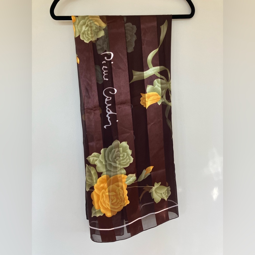 Pierre Cardin Silk Floral Rectangle Scarf Brown Yellow Green